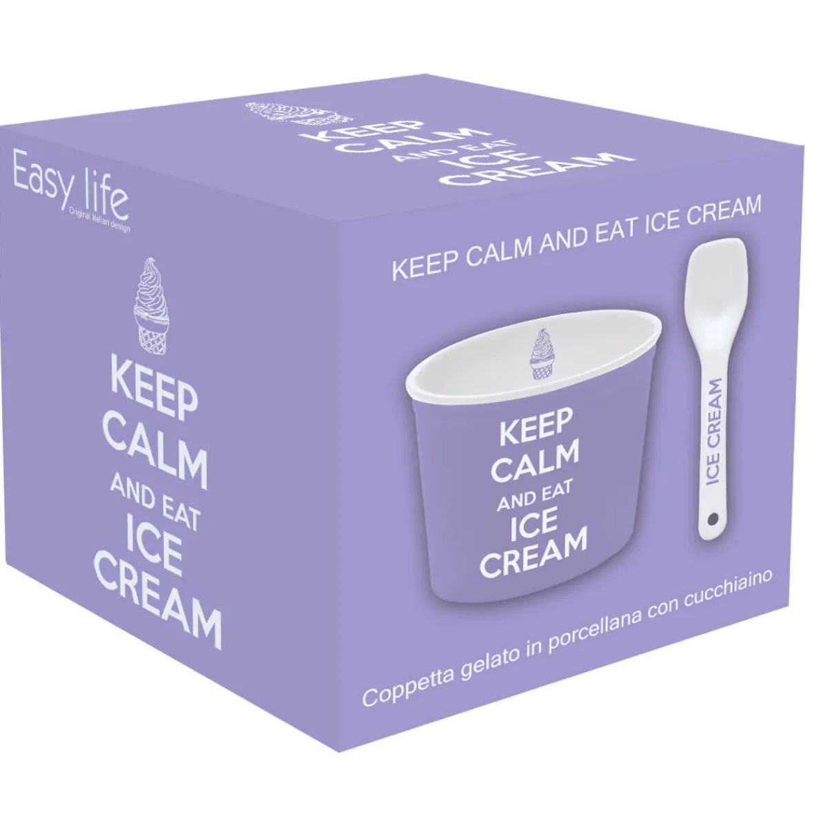 Easy Life Bol à glace avec cuillère, dans une boîte Keep CALM AND EAT ICE CREAM PURPLE> Services De Table En Porcelaine