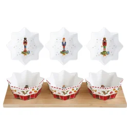 Easy Life Ensemble apéritif avec 3 bols et base en bambou Vintage NUTCRACKER> Noël|Services De Table En Porcelaine