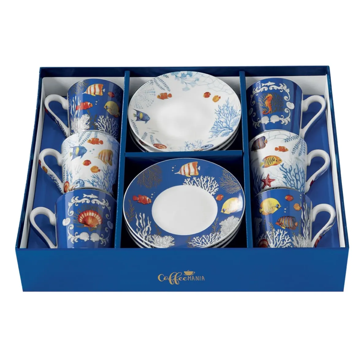 Easy Life Ensemble de 6 petites tasses à espresso avec soucoupes AQUARIUM> Coffret Cadeau|Petit Dejeuner