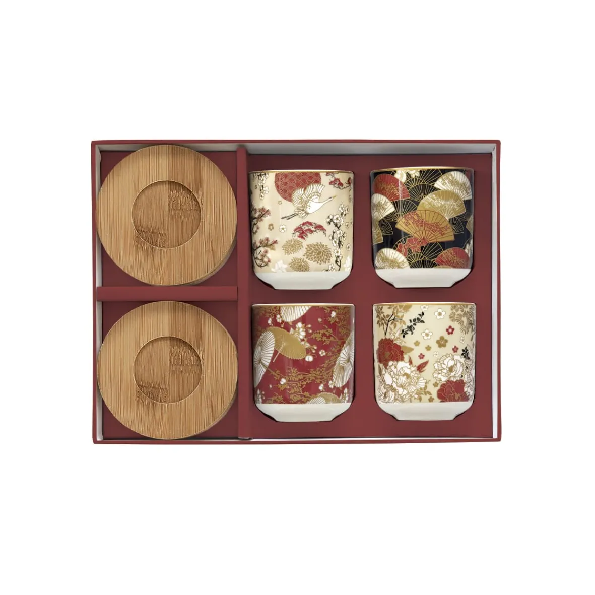 Easy Life Ensemble de 4 petits verres à café avec soucoupes en bambou KIMONO> Coffret Cadeau|Petit Dejeuner