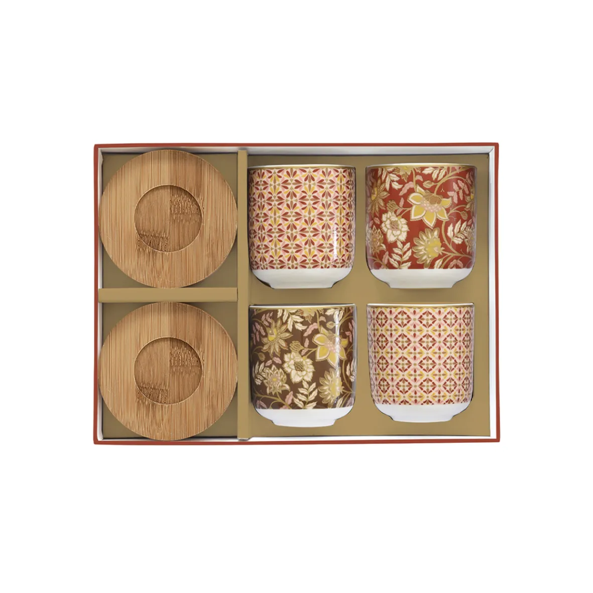 Easy Life Ensemble de 4 tasses à café en porcelaine avec soucoupe en bambou 110 ml FLEURS DES RÊVES> Coffret Cadeau