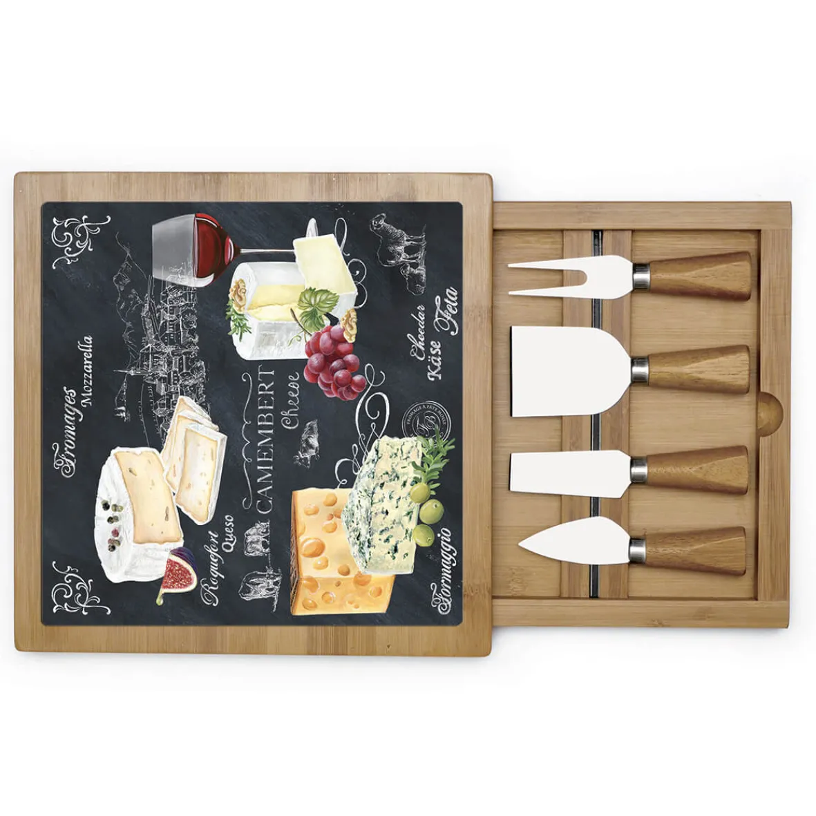 Easy Life Planche à fromage en bambou avec plateau en verre et couteaux WORLD OF CHEESE> Quotidienne|Cuisine