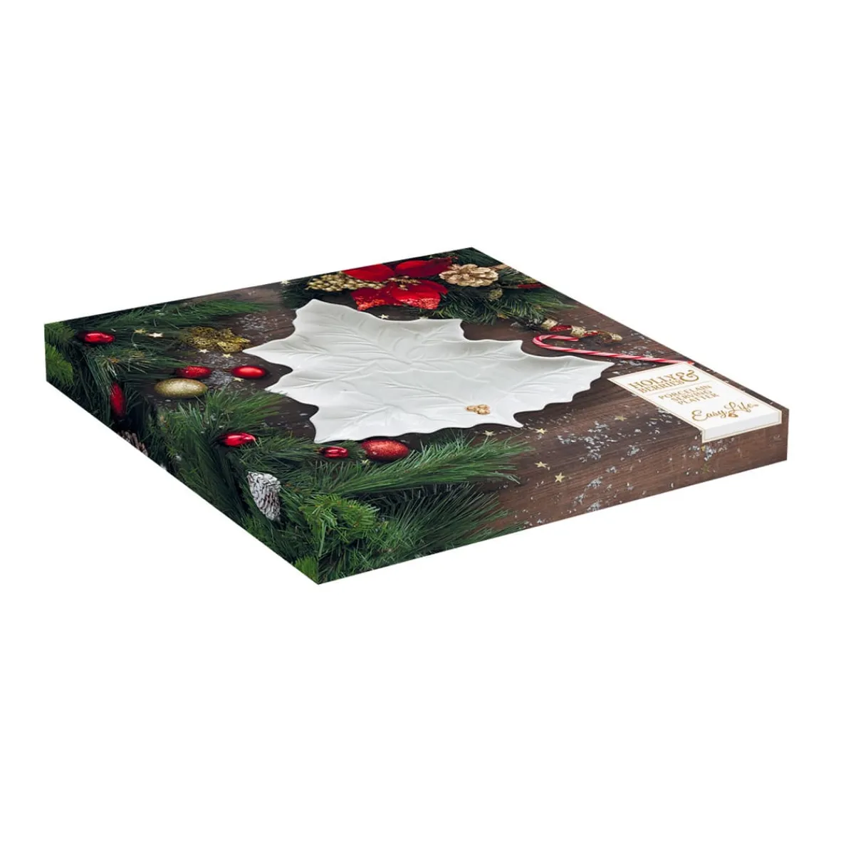 Easy Life Plat de service de 30×30 cm HOLLY & BERRIES WHITE> Noël|Services De Table En Porcelaine