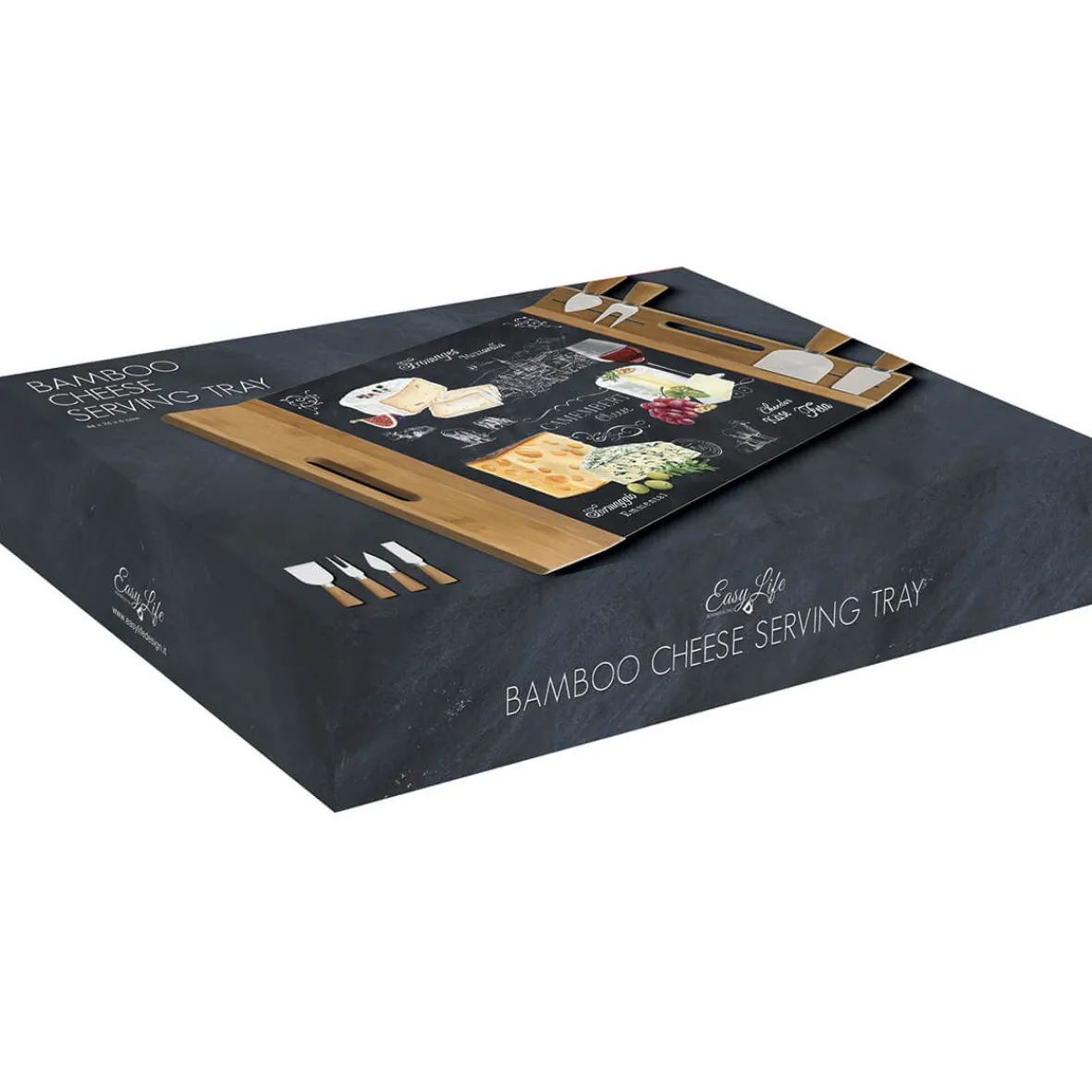 Easy Life Plateau à fromage en bambou avec base en verre et 4 couteaux WORLD OF CHEESE> Quotidienne|Cuisine