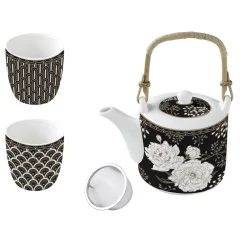 Easy Life Théière avec infuseur et 2 petites tasses ART DECO & FLOWERS> Coffret Cadeau|Petit Dejeuner