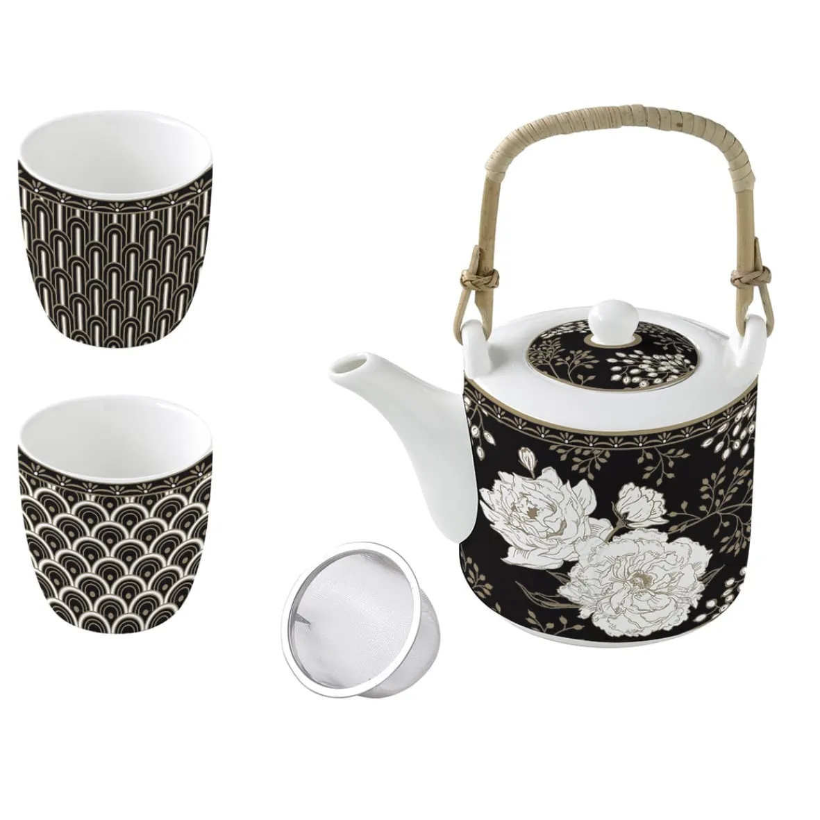Easy Life Théière avec infuseur et 2 petites tasses ART DECO & FLOWERS> Coffret Cadeau|Petit Dejeuner