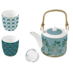Easy Life Théière de 600 ml avec 2 tasses en porcelaine Atmosphere Jungl> Coffret Cadeau|Petit Dejeuner