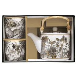 Easy Life Théière 600 ml avec infuseur en métal et 2 tasses de 160 ml en porcelaine RETRO JUNGLE> Coffret Cadeau|Moderne